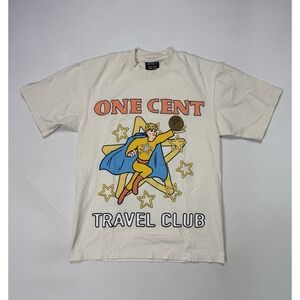HOWDY One Cent Travel Club Adventure Awaits Graphic T Shirt Mens Small Beige USA